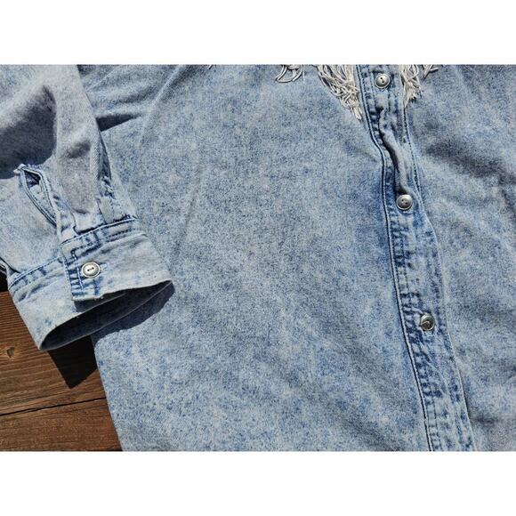 Vintage Next Move Denim Fringe Embellished Beaded Cowgirl Rodeo Shirt Womens - Picture 2 of 8